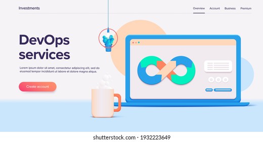 Web development or devops concept in 3d vector design. Developing of internet app or online website service. Creative vector illustration. Landing page layout or banner template.