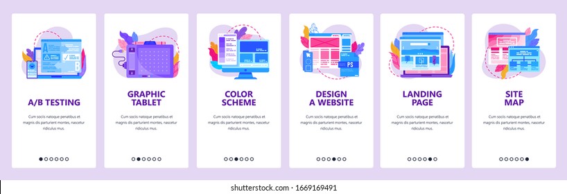 Web Development, Digital Graphic Tablet, Wireframe, Sitemap. Mobile App Onboarding Screens. Menu Vector Banner Template For Website And Mobile Development. Design Illustration.