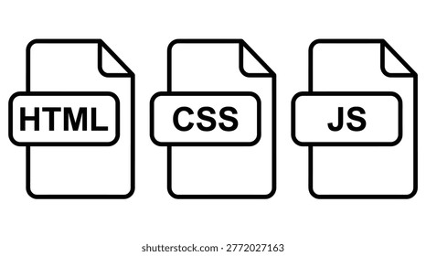Web development file format collection in flat linear style, hypertext markup, styling, scripting, data, and code