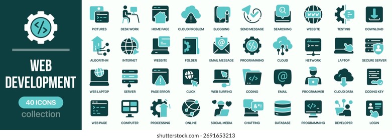 Web and development fill icon collection. Includes website, coding, server, database, and online communication icons. Created in colored style with turquoise palette