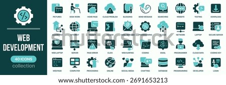 Web and development fill icon collection. Includes website, coding, server, database, and online communication icons. Created in colored style with turquoise palette