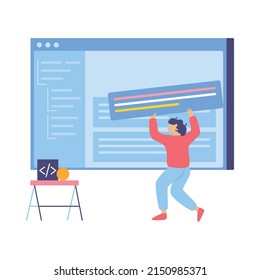 Web development flat composition with icons of website elements and human characters with tools vector illustration
