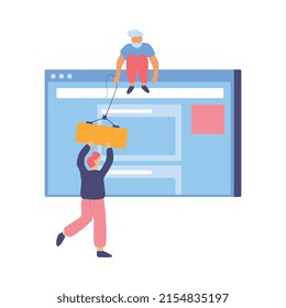 Web development flat composition with icons of website elements and human characters with tools vector illustration