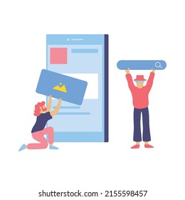 Web development flat composition with icons of website elements and human characters with tools vector illustration