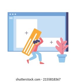 Web development flat composition with icons of website elements and human characters with tools vector illustration