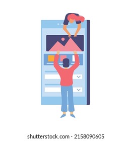 Web development flat composition with icons of website elements and human characters with tools vector illustration