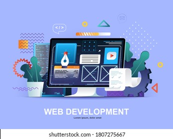 Web development flat concept with gradients. Website construct, prototyping and programming template. UI UX designer workplace 3d composition, front end development company vector illustration.