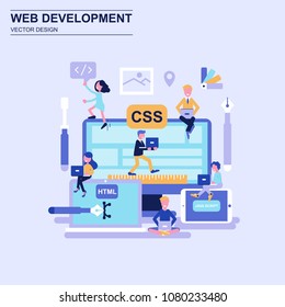 Web development flat design concept blue style with decorated small people character. Conceptual vector illustration for web design, marketing, graphic design.