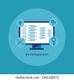 Web Development flat design illustration, Creative banner with digital devices screen showing app coding and programming