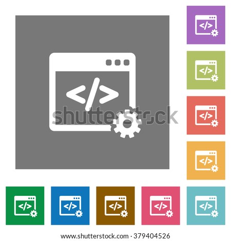 Web development flat icon set on color square background.