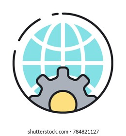 Web development flat icon. Vector illustration of globe and cog. International business network technology. SEO concept.