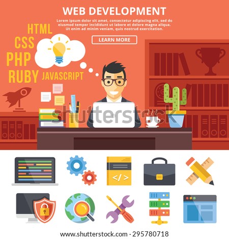 Web development flat illustration concepts and flat icons set. Programmer at work. Flat design graphic concepts for web banners, web sites, printed materials,infographics. Creative vector illustration