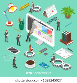 Web development flat isometric vector concept. People are taking off the web page that looks like paper sheet to see and change its programing code.