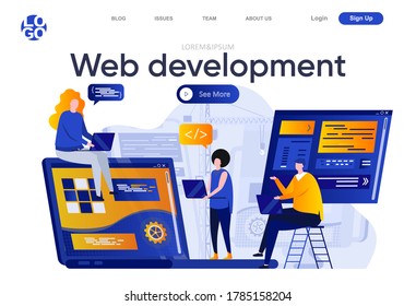 Web-Entwicklung flache Landing-Seite. Kreatives Team von Designern und Entwicklern arbeitet mit Vektorgrafik zusammen. Vollständige Stack-Entwicklung, Webseitenzusammensetzung mit Personen