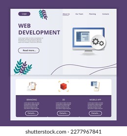 Web development flat landing page website template. Branding, 3D, mobile app. Web banner with header, content and footer. Vector illustration.