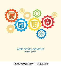 Web development in gears concept. Computer framework vector concept on web development and software for site building and design