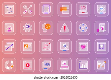 Web development glassmorphic icons set. Pack outline pictograms of settings, code, speed, computer, seo optimization, programming, interface, multimedia, software and other. Vector line glass symbols