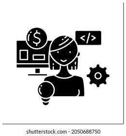 Web development glyph icon. Software engineering. Women create web sites, write code. Programmer. Small business owner concept.Filled flat sign. Isolated silhouette vector illustration