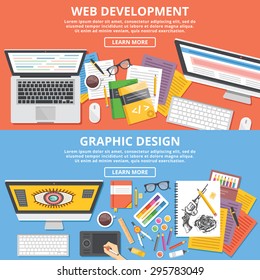 Web development, graphic design flat illustration concepts set. Flat design concepts for web banners, web sites, printed materials, infographics. Creative vector illustration