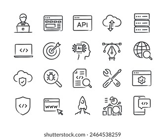 Web development hand drawn doodle sketch style line icons. Vector illustration.