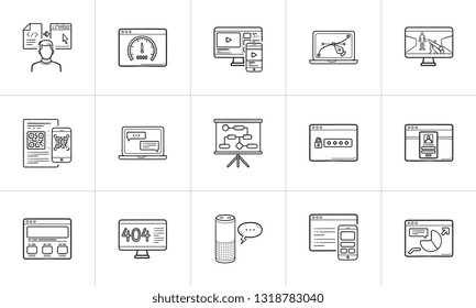 Web development hand drawn outline doodle icon set. Outline doodle icon set for print, web, mobile and infographics. Programming, coding vector sketch illustration set isolated on white background.