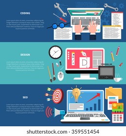 Web development horizontal banner set with coding seo and design elements isolated vector illustration
