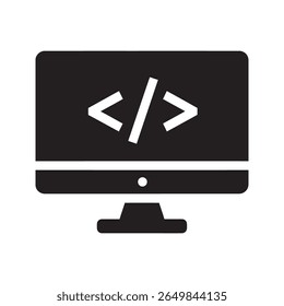 Ícone de desenvolvimento da Web com código em uma tela de computador representando a engenharia de software de programação e o design de site para criação de front-end vetor ícone de glifo sólido