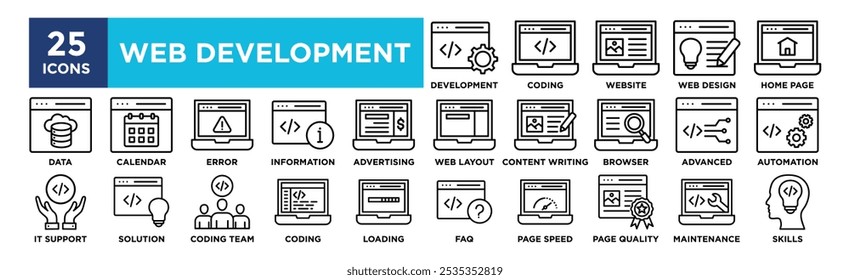 Conjunto de coleções de ícones de Desenvolvimento na Web. Contendo tecnologia de design, computador, negócios, desenvolvimento, programação