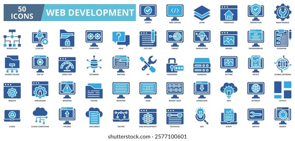 Web development icon collection set. Containing check, web coding, layer, homepage, protection, maintenance, workflow, startup icon. Simple color vector