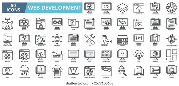 Web development icon collection set. Containing check, web coding, layer, homepage, protection, maintenance, workflow, startup icon. Simple line vector