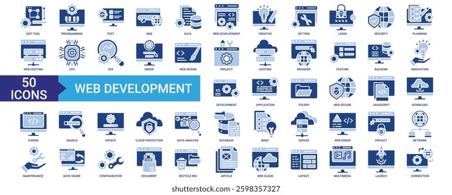 Web Development icon collection set. Containing programming, data, creative, hosting, project, browser, innovation, application, coding, database icon. Simple flat vector.