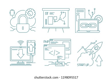 Web development icon. Design and code developers web design production concept symbols search and seo vector. Illustration of optimization management and development web search