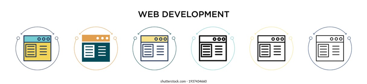 Web development icon in filled, thin line, outline and stroke style. Vector illustration of two colored and black web development vector icons designs can be used for mobile, ui, web