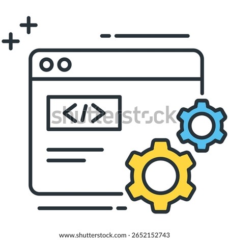 Web Development Icon with Gears, Code Snippet, and Plus Signs