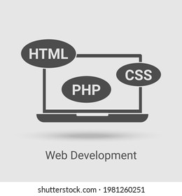 Icono de Desarrollo Web.El bloc de notas y los símbolos de los lenguajes de programación CSS, PHP, HTML y JS.Ilustración vectorial plana hecha con líneas finas en un fondo gris.