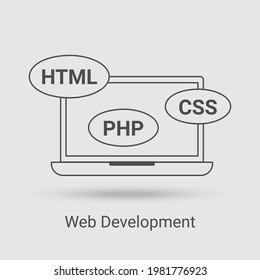 The Web Development icon.The notebook and symbols of the CSS,PHP,HTML, and JS programming languages.Flat vector illustration made with thin lines on a gray background.