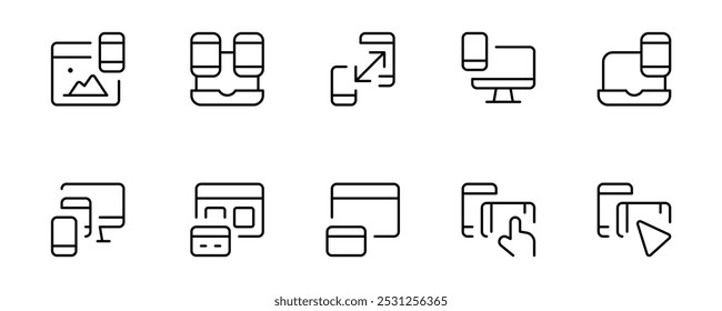 Web development icon. responsive design vector modern thin line concept banners, device and responsive outline stroke vector illustration. Can use for UI and mobile app, web site interface.