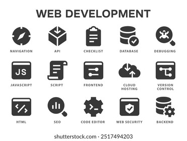 Symbolsatz für die Webentwicklung. Sammlung von Datenbank, Debuggen, Code-Editor und mehr. Vektorgrafik.