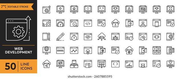 Web Development icon set. Containing Code, api, programmer coding, app, flow, node connect, web coder, bug fix and more. Vector illustration