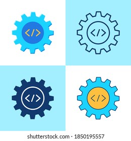 Web development icon set in flat and line style. Gear and html syntax symbols. Vector illustration.