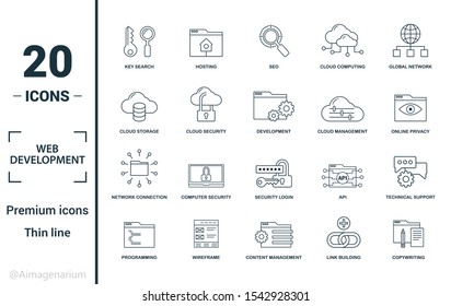 Web Development icon set. Include creative elements key search, seo, cloud storage, cloud management, network connection icons. Can be used for report, presentation, diagram, web design.