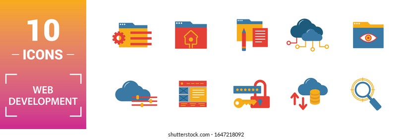 Web Development icon set. Include creative elements key search, seo, cloud storage, cloud management, network connection icons. Can be used for report, presentation, diagram, web design.