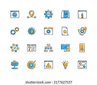 Web development icon set. Line style icons in color. Marketing, analytics, e-commerce, digital, management, seo, web error. Vector illustration concept.