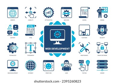 Web Development icon set. Platform, Typography, Testing, Coding, Maintenance, Usability, Website, Design. Duotone color solid icons