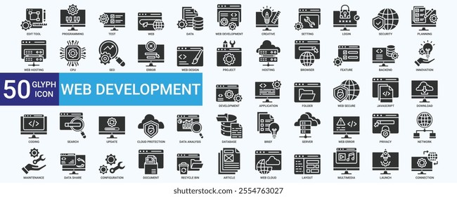 Web Development icon set with programming, data, creative, hosting, project, browser, innovation, application, coding and database