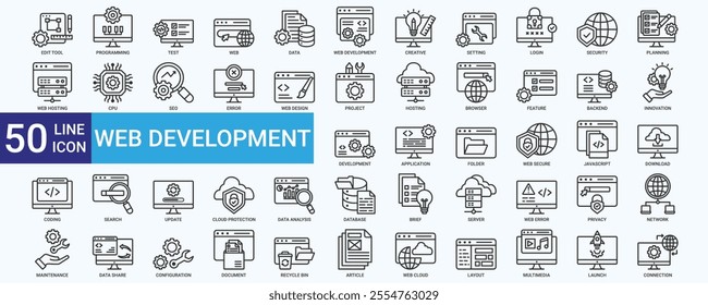 Web Development icon set with programming, data, creative, hosting, project, browser, innovation, application, coding and database