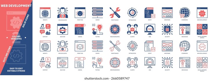 Web Development icon set. Script, Optimization, Testing, Coding, Maintenance, Usability, Website, Wireframe. Duotone color solid and editable outline icons