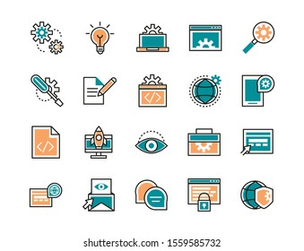 web development icons collection vector illustration line and fill