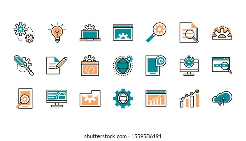 web development icons collection vector illustration line and fill