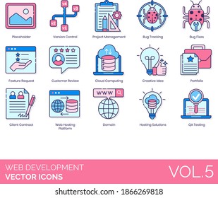 Web development icons including placeholder, project management, bug tracking, feature request, customer review, cloud computing, creative idea, hosting platform, hosting solutions, QA testing.